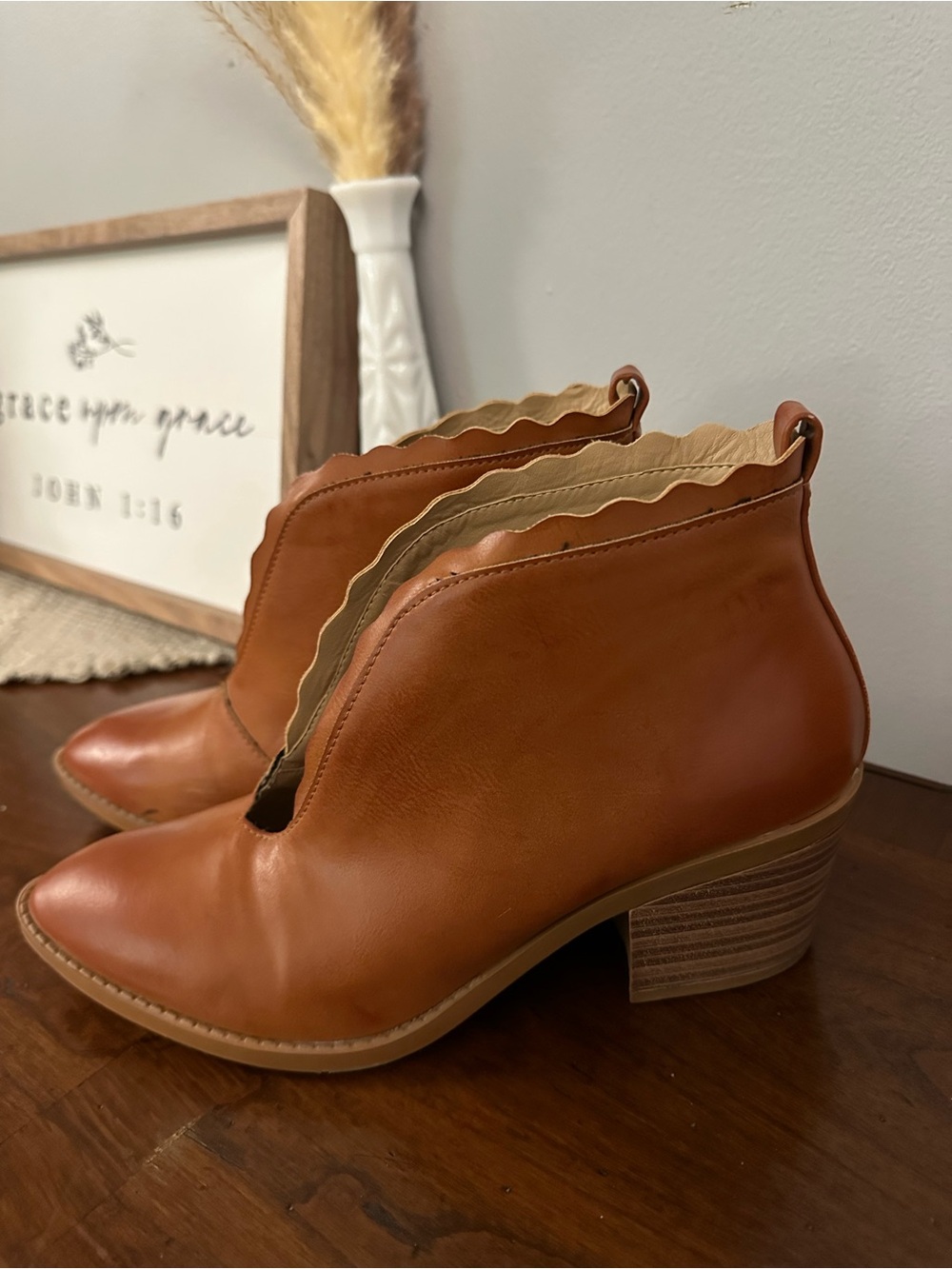 G.C. Shoes Tan Leather Scalloped Ankle Booties - Maris Size 8